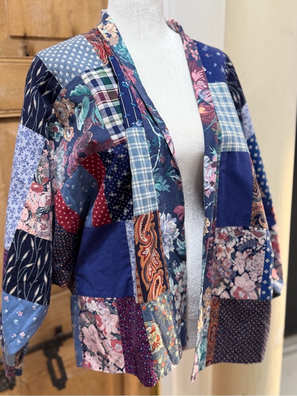 Patchwork Floral Navy Open-Front Blazer